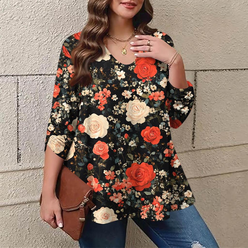 Women's Plus Size Fashion Printed Casual Pleated Round Neck Long Sleeve Top