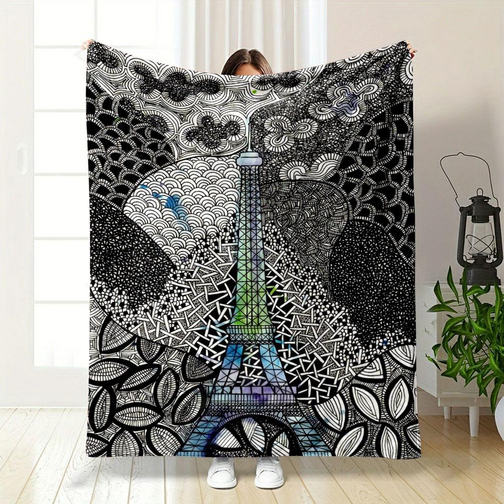 Intricate black-and-white doodles form abstract patterns around the Eiffel Tower. for all seasons blanket lunch break throw gift