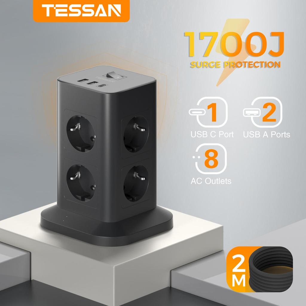 Tessan Сетевой фильтр Tower с удлинителем USB 2M, черный вертикальный сетевой фильтр Tower с защитой от перенапряжения, розетка EU Plug Tower