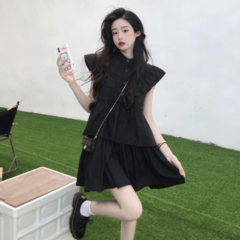 Black Mini Dresses Women Ruffles Sweet Girls Summer Sleeve Princess Style All-match Korean Preppy Students Dress