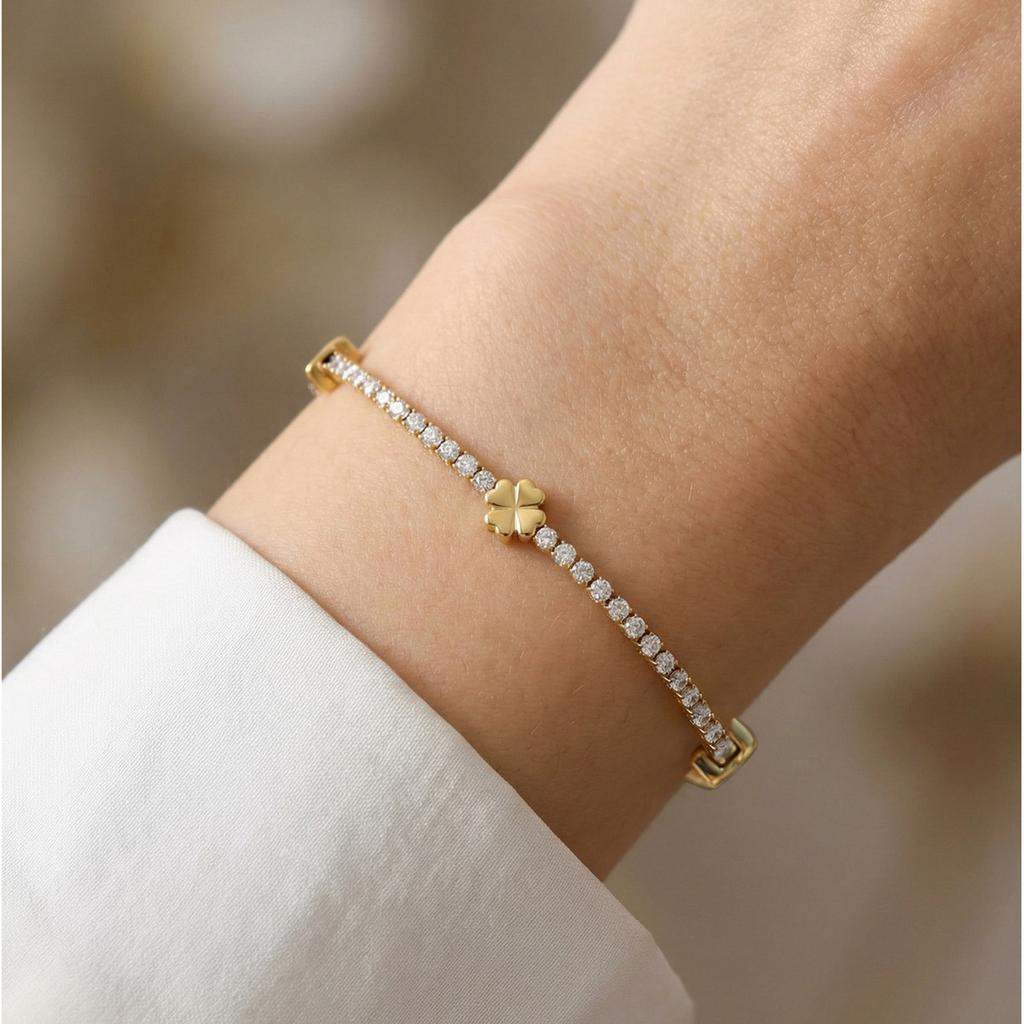 Delicate Tennis Chain Flower Bracelet for Women, Stainless Steel Four-Leaf Clover Zircon Bracelets,Trendy Charm Jewelry Gift