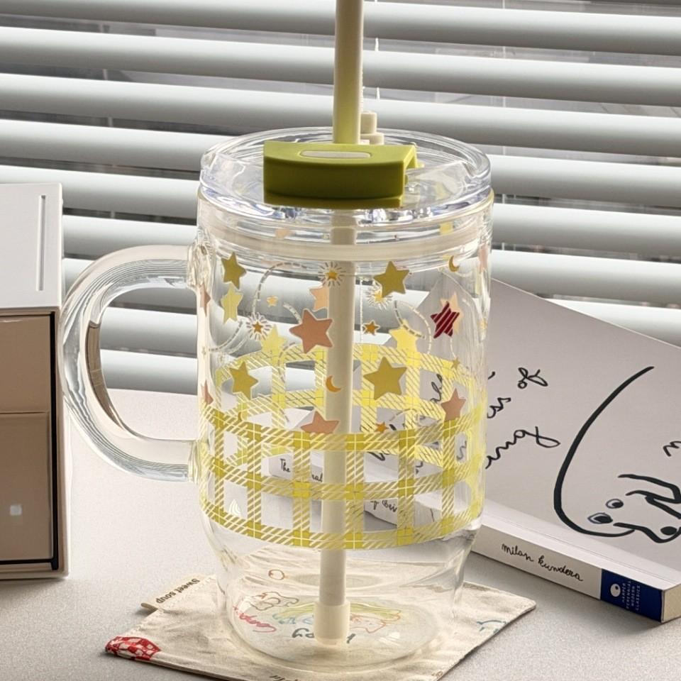 760ml Cute Large Capacity Handle Straw Cup, High Borosilicate Glass Cup, Summer Portable Double Drinking Household Handy Cup