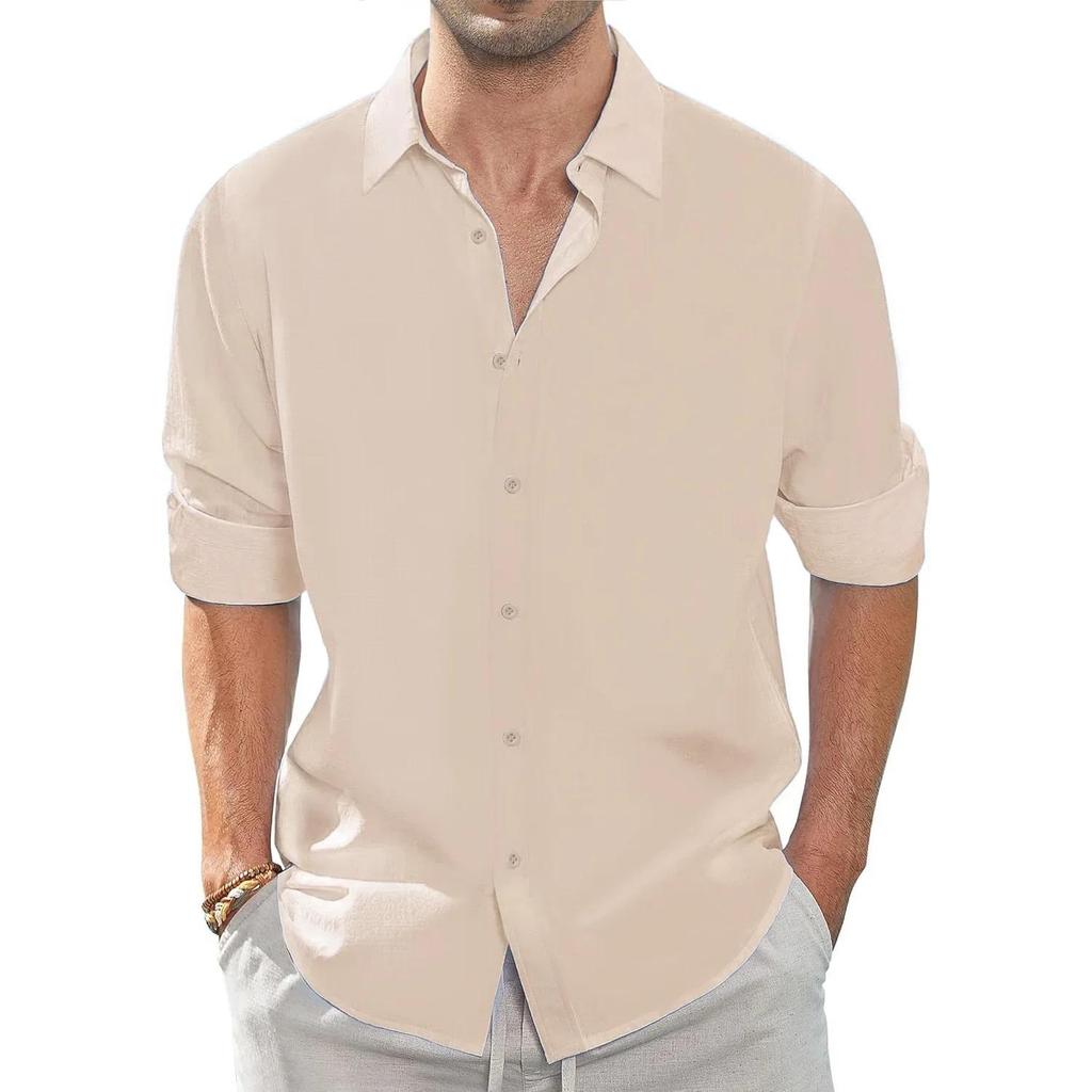 Осень Новая Мужская Рубашка Повседневная Хлопок Лен Дышащая Базовый Стиль Однобортная Мужская С Лацканами Верх