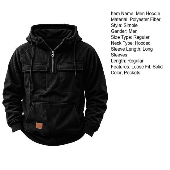 Men Hoodie Zipper Half Placket Hooded Drawstring Long Sleeve Sport Tops with Pockets Solid Color Multi-Pocket Design Warm Sweatshirt