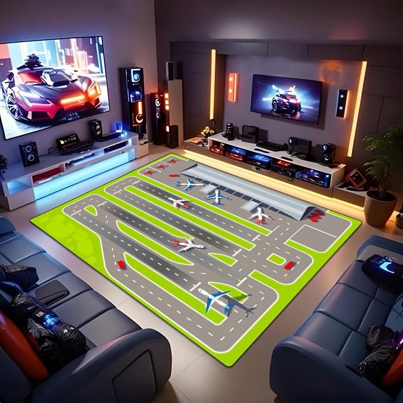 1 шт. Мягкий моющийся прямоугольный ковер на тему аэропорта - Зеленый с рисунком самолета и взлетно-посадочной полосы, Полиэстер для гостиной