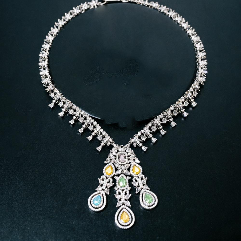 Luxury Multicolor Zircon Teardrop Necklace and Earrings Set for Women Elegant Crystal Jewelry for Wedding Party Evening Gown