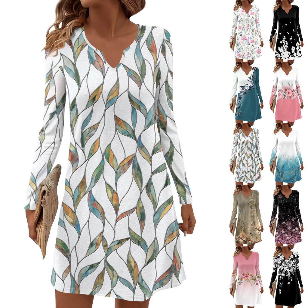 Women's Long-sleeved Casual Midi Dresses V-Neck Print Casual Dress