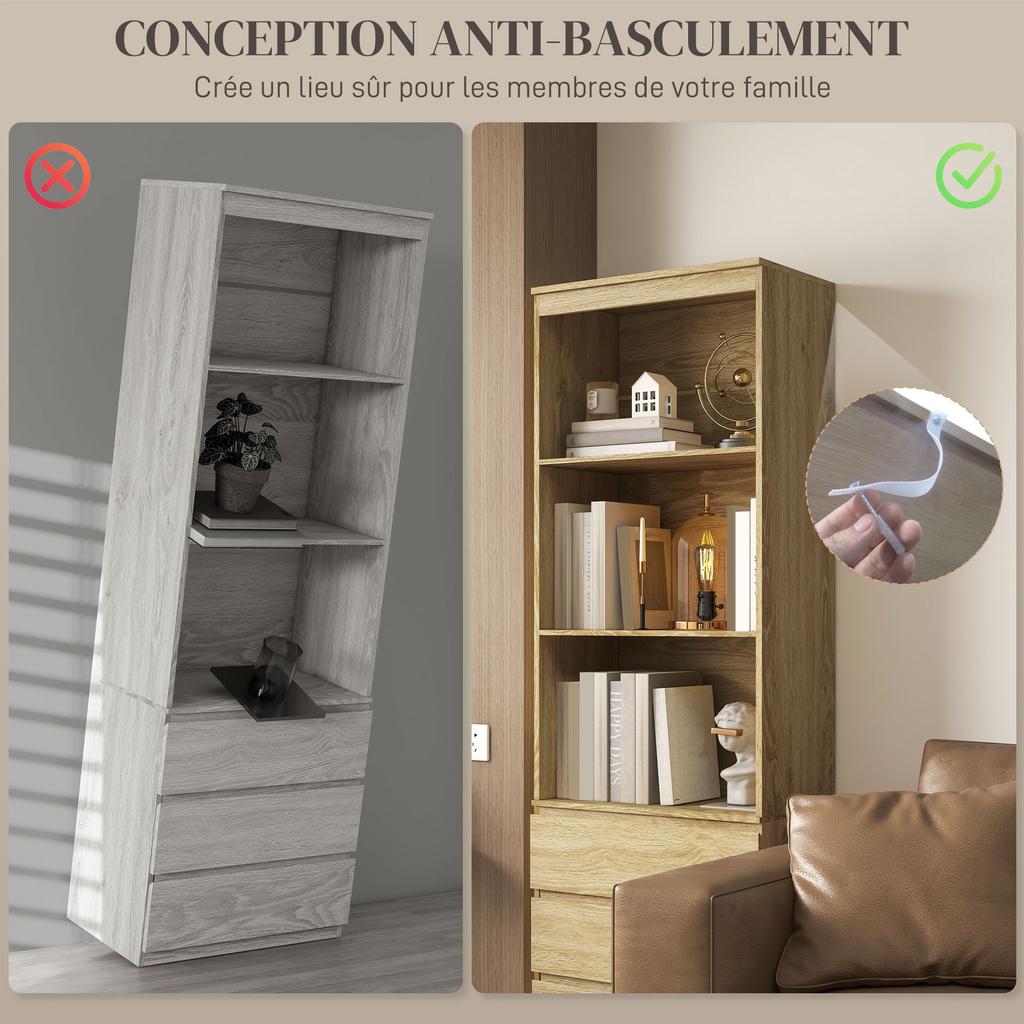 Bookcase, 180 cm High, 3 Shelves, 3 Drawers, 60 x 35 x 180 cm, Wood-Effect