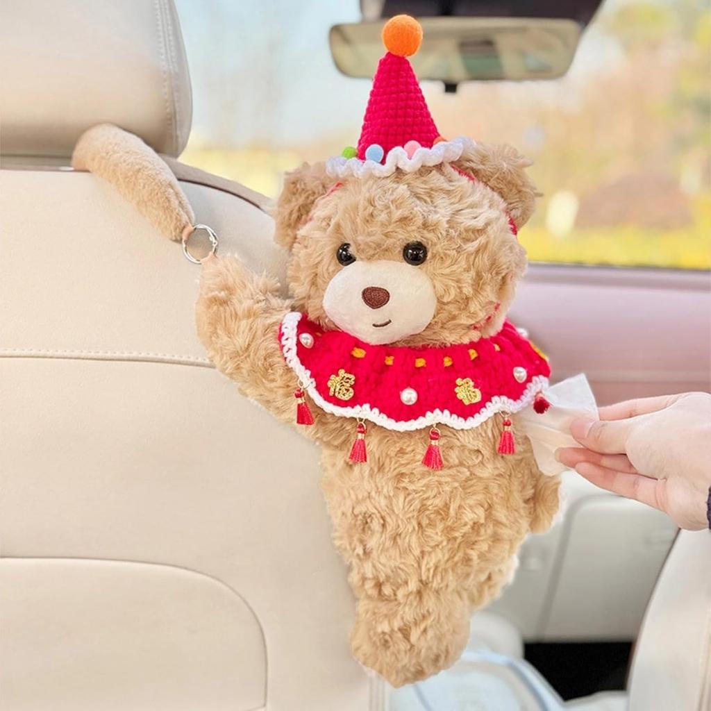 Car Accessories Cute Bear Hanging Tissue Box (Overalls Bear) | Plush Napkin Dispenser Cute Bear Doll Design Zipper Opening Multi-Location Use Soft