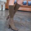 Высококачественные винтажные зимние женские сапоги до колена, модные вязаные сапоги с квадратным носком, длинные сапоги, дизайнерские туфли на высоком каблуке, Botas De Mujer