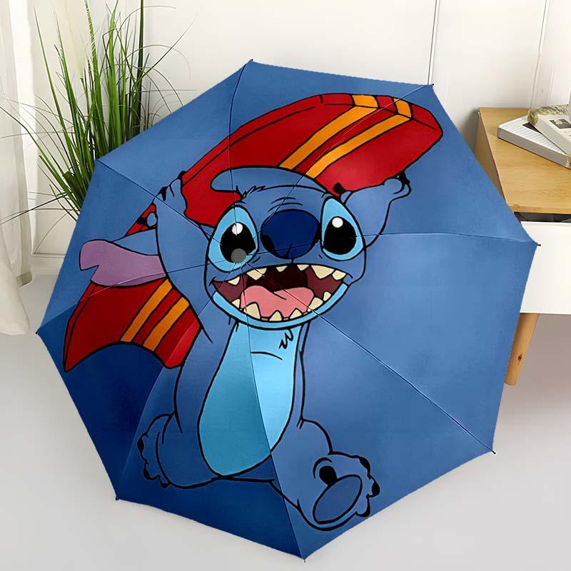 Disney Stitch Automatic Open/Close Umbrella - UV Protection Cute Umbrella with Cute Stitch Design, Portable 3-Fold Compact Umbrella