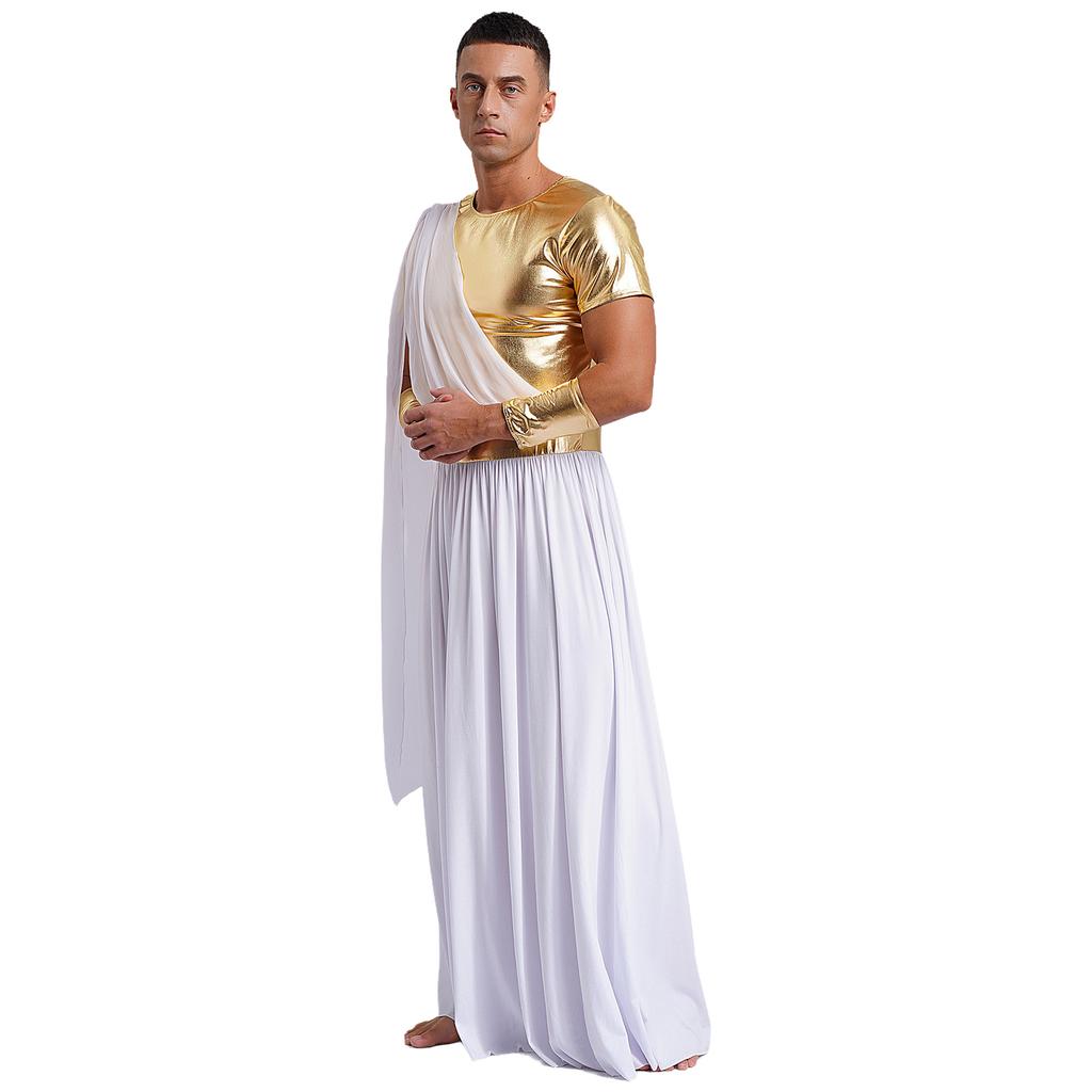 Мужской костюм тоги на Хэллоуин - Металлическая лоскутная туника-пуловер с перчатками и напульсниками для греческой/римской тематики