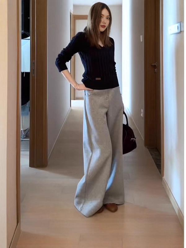 Женские серые брюки с высокой посадкой, на флисовой подкладке, с широкими штанинами – Весенне-осенние, повседневные и теплые