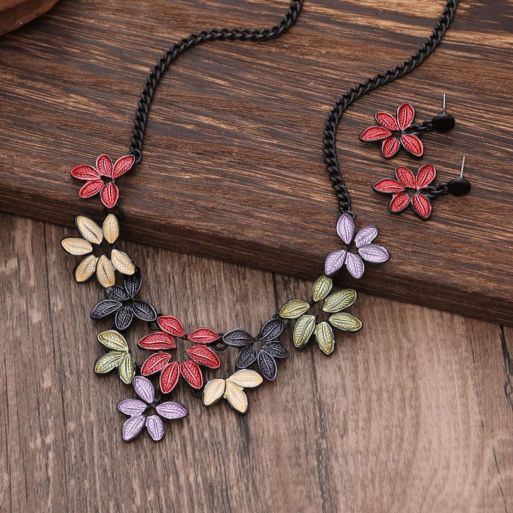 Цветные серьги-листья, ожерелье, набор, ожерелье из крупных звеньев с листьями, серьги, ожерелье, женский набор украшений
