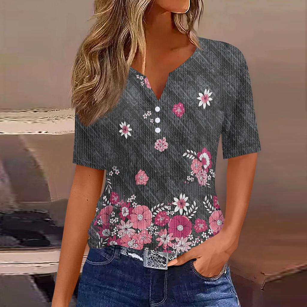 Футболки для женщин, плиссированные, с V-образным вырезом, нарядные, повседневные блузки с принтом, короткие рукава, летние топы, свободный крой