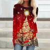 Plus Size Women Spring Christmas Printed Comfy Long Sleeve Round Collar T-shirt Casual Baggy Mid Length Tee Tops