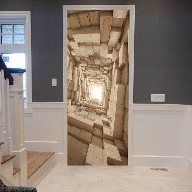 Деревянная наклейка на дверь, креативная Ретро самоклеящаяся 3D обои «сделай сам», фрески Pegatina Para Puerta, украшение комнаты Porte