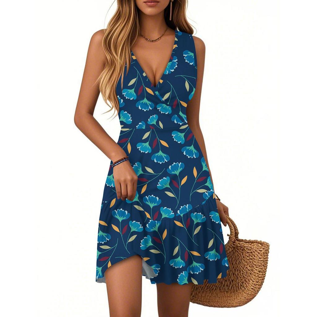 Women's Dress V-neck Sleeveless Casual Floral Print Hem Pleated Dress