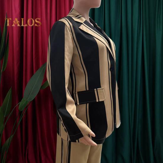 2 шт./комплект женский деловой пиджак брюки комплект с длинными рукавами цветной полосатый кардиган с лацканами средней длины пиджак расклешенные брюки с высокой талией формальные