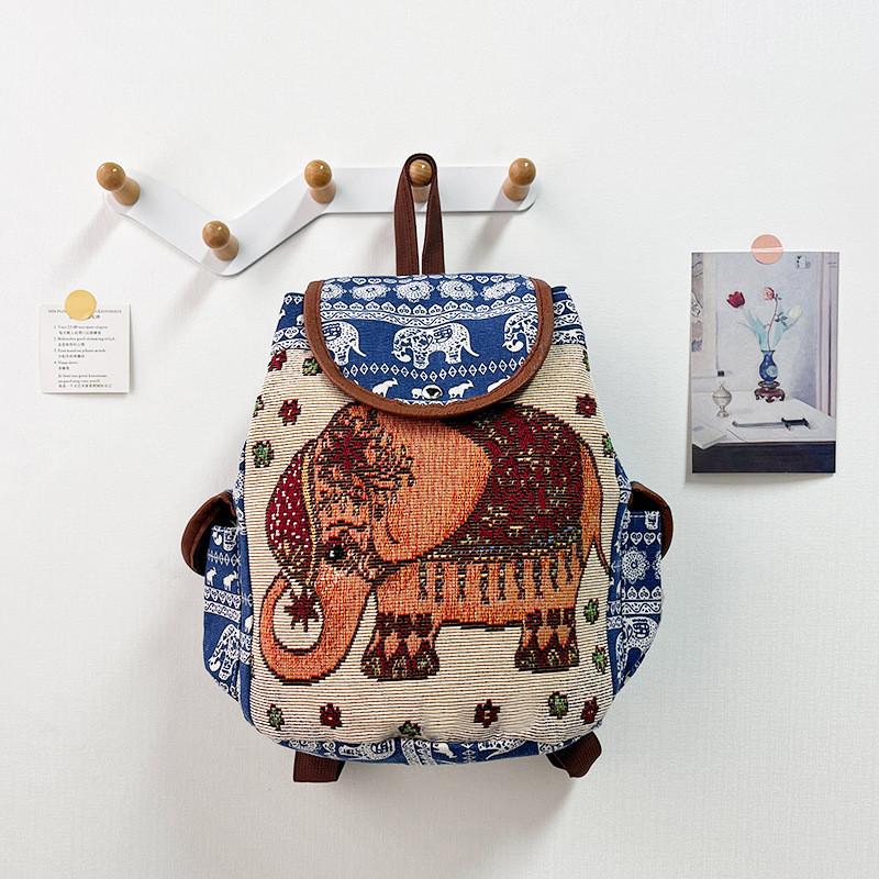 Ethnic Style Embroidered Elephant Canvas Backpack With Drawstring Closure For Casual Travel And Daily Use