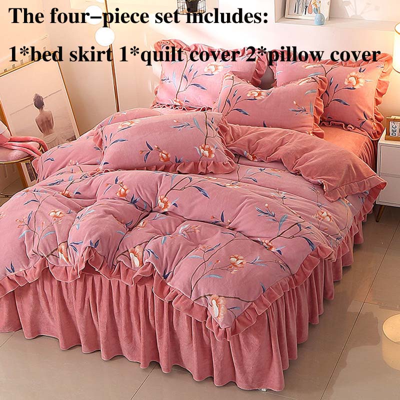 Утолщенный молочный бархат, четырехсекционная юбка-кровать, пододеяльник, наволочка, плюс бархатное тепло, двухсторонний пододеяльник, комплект, стиль принцессы, знаменитости