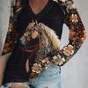 Charming Floral Horse Print V-Neck T-Shirt - Vintage Long Sleeve Top for Stylish Women - Perfect for Spring & Fall Casual Wear