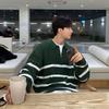 Mens Striped Knit Sweater Loose Fit Turn-Down Collar Long Sleeve Casual Top