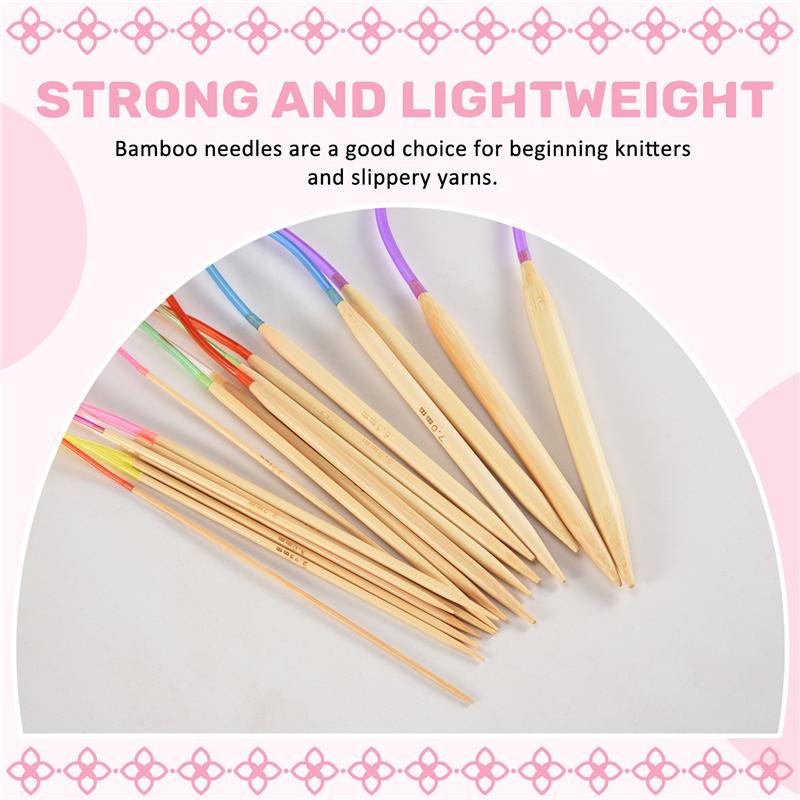 AEE4-Knitting Needles Set-18 Pairs 18 Sizes Bamboo Circular Knitting Needles + 36 Single Pointed Bamboo Knitting Needles + Weavi