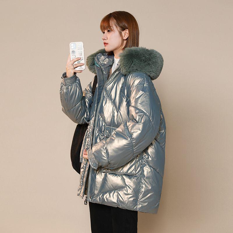Women Jacket Winter Coat Fur Collar Hooded Glossy Overcoat Female Cotton Padded Parka Waterproof Outwear