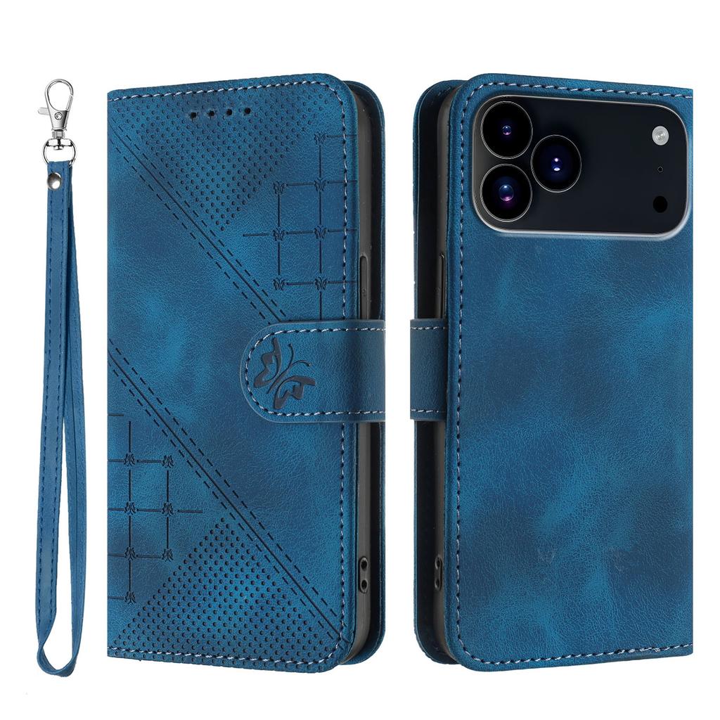 For iPhone 17 Pro Leather Wallet Case Butterfly Flower Imprinted Phone Cover with Strap