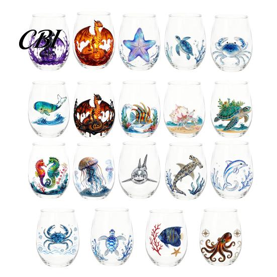 Ocean Lover Birthday Gift Handcrafted Glass Cup, Unique Marine Animal Theme Print Artisan Hand Blown Cup Bar Tumbler, Decorative Glassware for