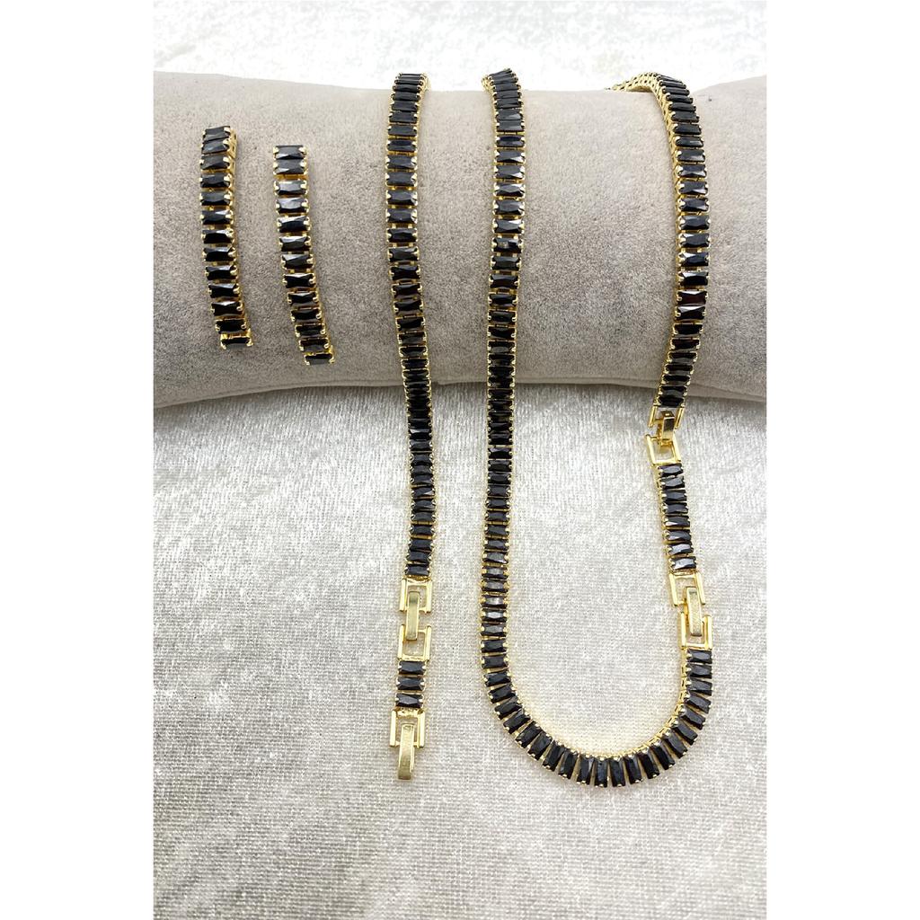 Women's Silver Zircon Baguette Waterway Necklace Earring Bracelet Jewelery Set Suit