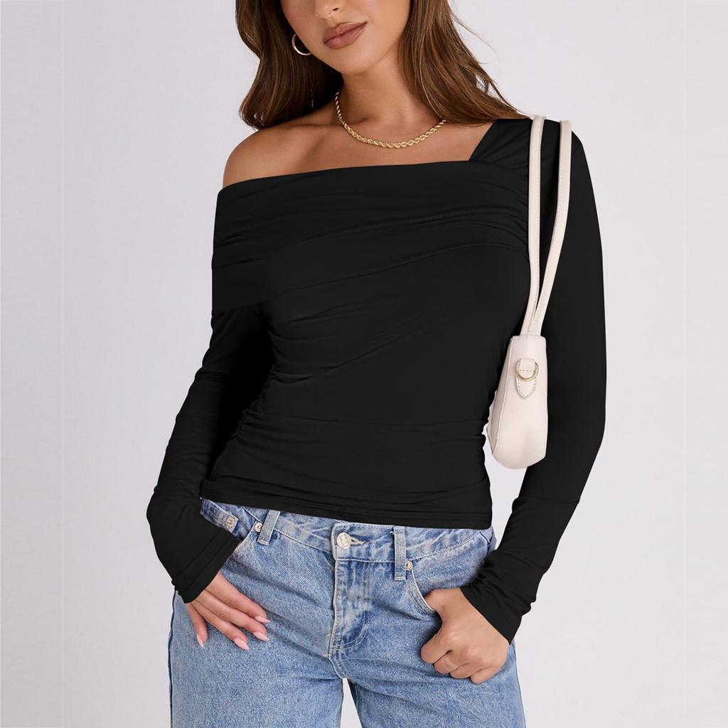 Женская мода, однотонный плиссированный топ на одно плечо с длинными рукавами, облегающий короткий топ с открытым пупком