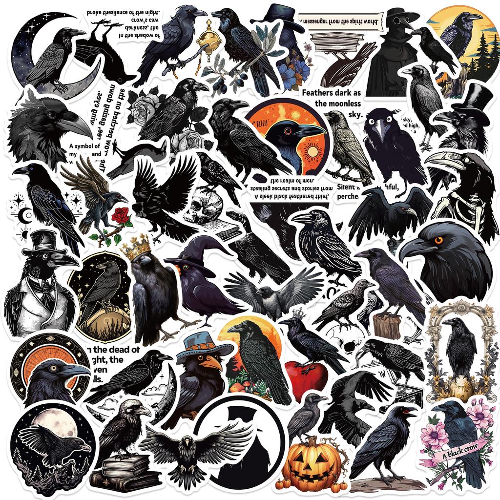 50 Cartoon Black Crow Doodle Stickers Decorate Guitar Notebook Suitcase DIY Waterproof Halloween Stickers