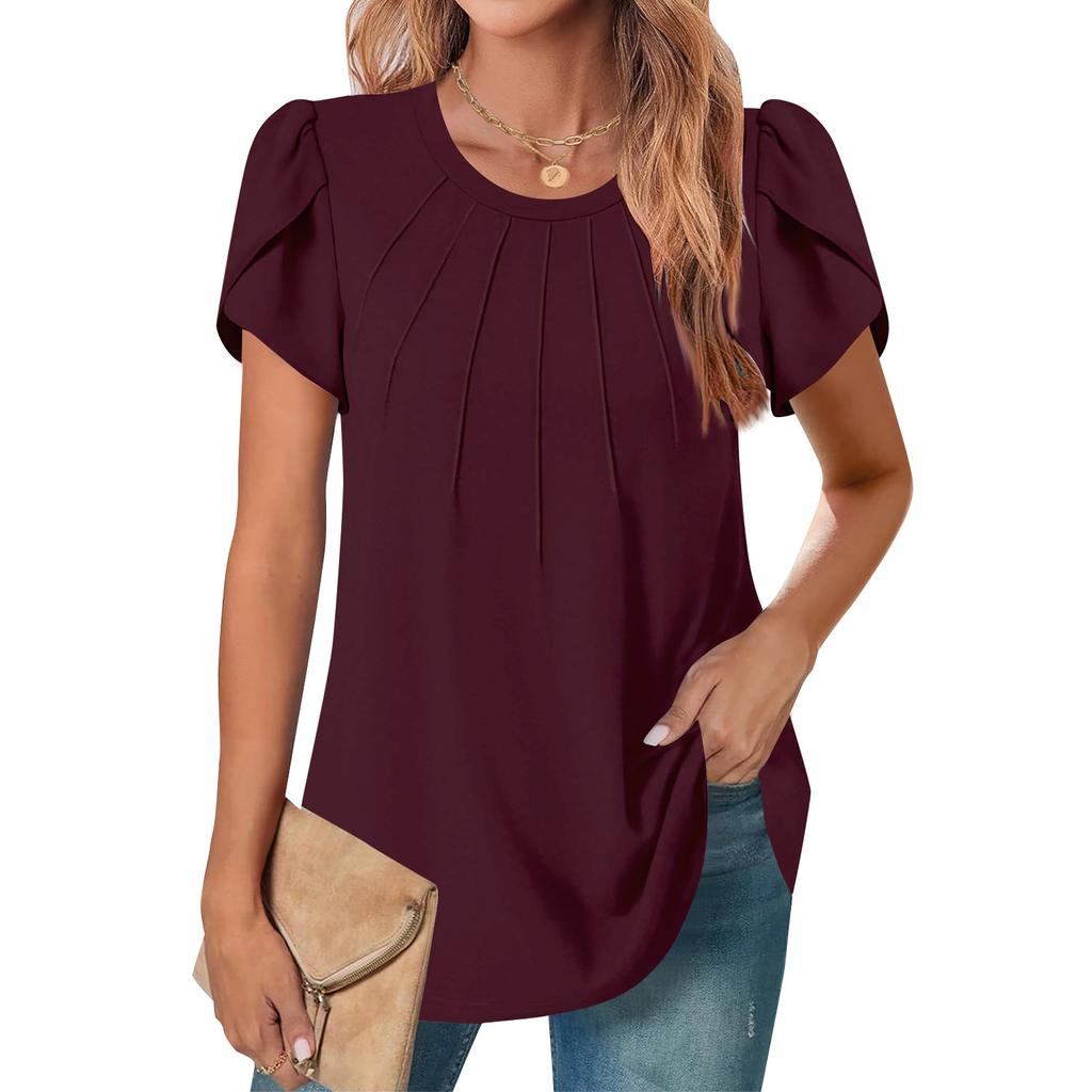 Женский повседневный топ с круглым вырезом и коротким рукавом на груди, плиссированный, с клапаном на рукаве, однотонный