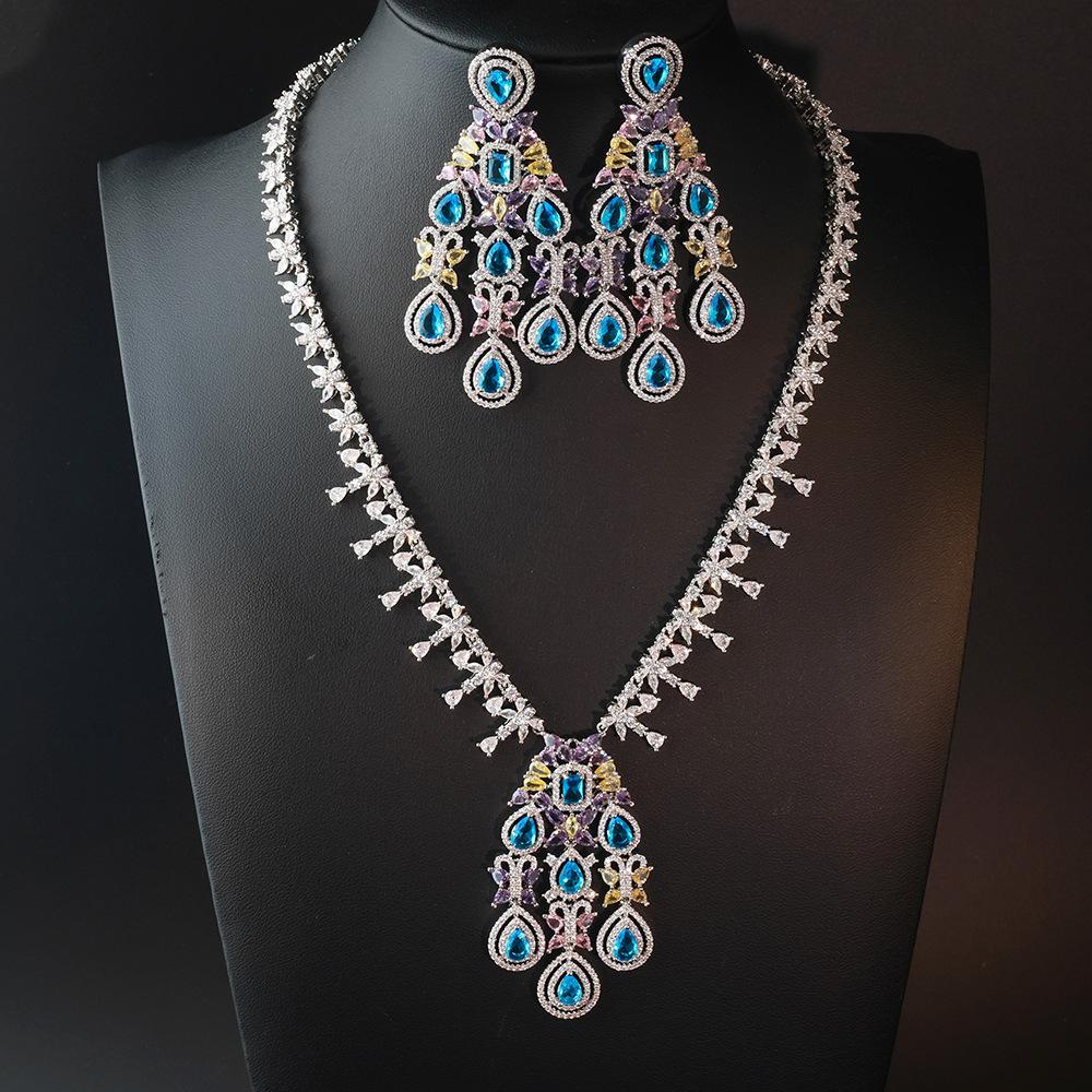 Luxury Multicolor Zircon Teardrop Necklace and Earrings Set for Women Elegant Crystal Jewelry for Wedding Party Evening Gown