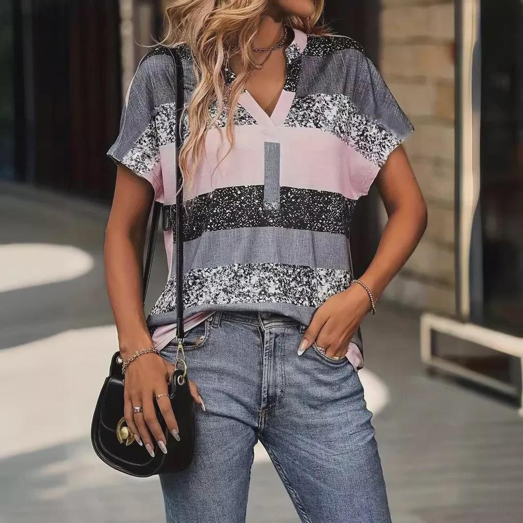 Women's Summer Striped V-Neck 3D Print Casual Short-Sleeve T-Shirt