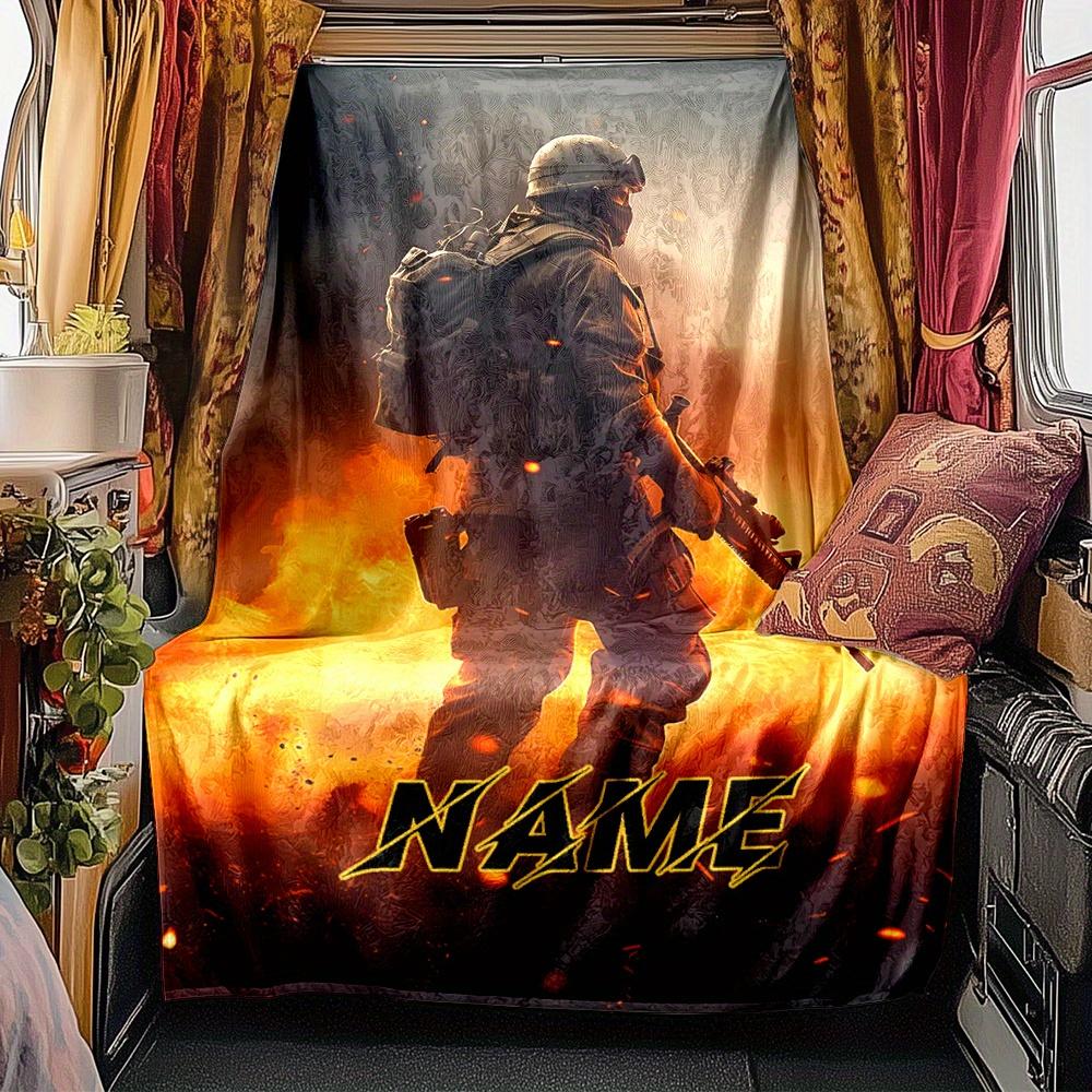 Soldier With Backpack And Gun In Flames Blanket Personalized Name Soft Comfortable Stylish Blanket Car Blanket Perfect For Travel Camping Outdoor Home