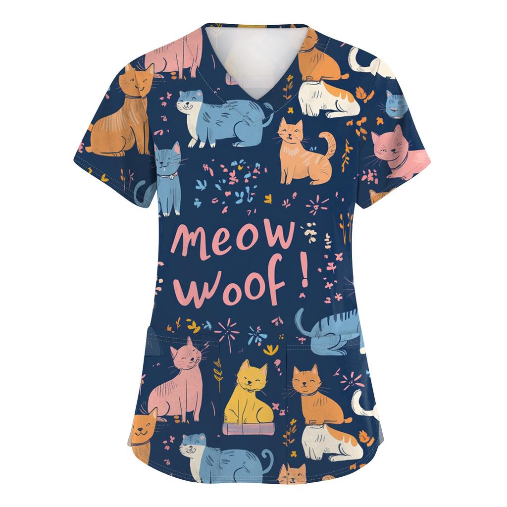 Женская модная футболка с короткими рукавами и v-образным вырезом с принтом, маленькая рабочая футболка с карманами