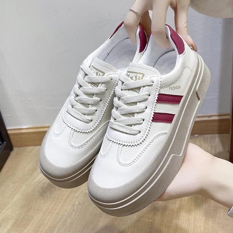 Кроссовки женские на толстой подошве из кожи со шнуровкой на плоской подошве с круглым носком для женщин, однотонные туфли из вулканизированной кожи на плоской платформе