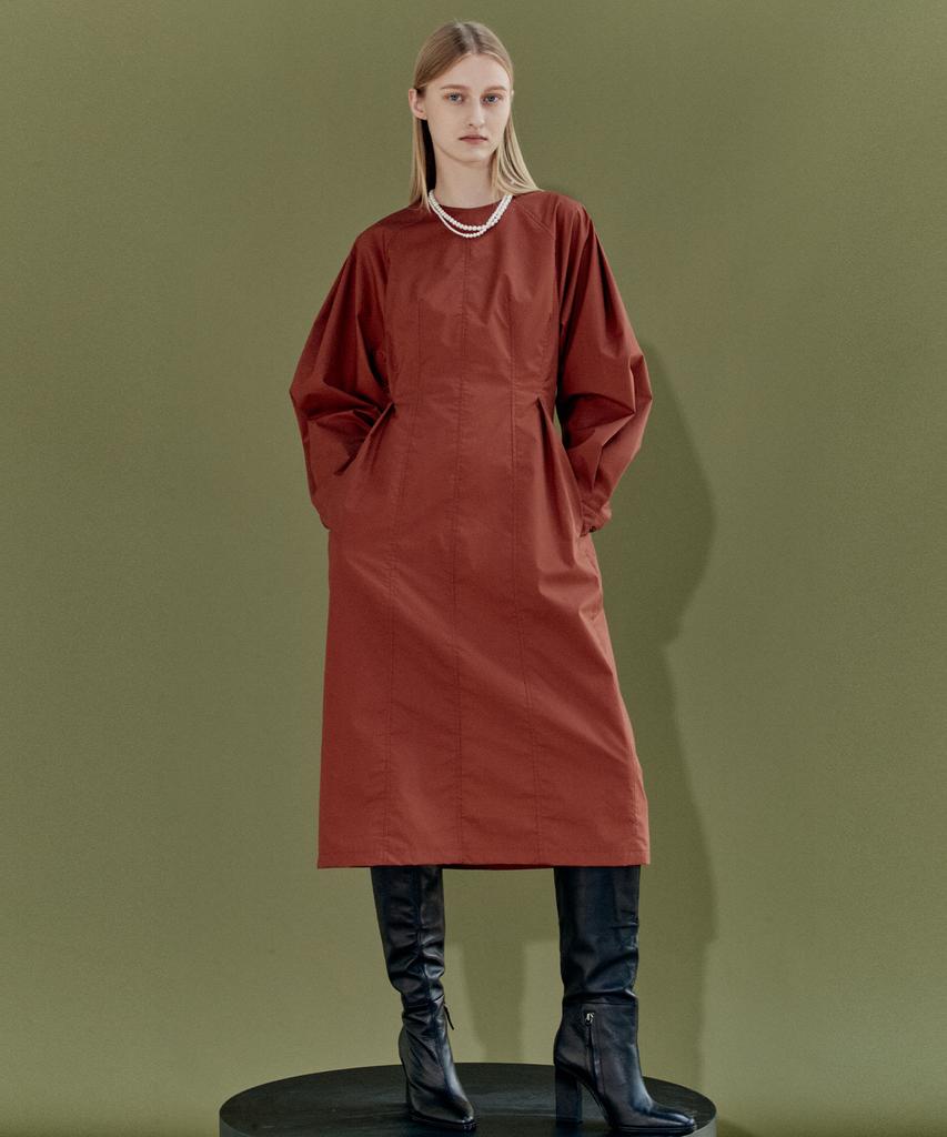 EN OR Volume Sleeve Tuck Dress - Orange