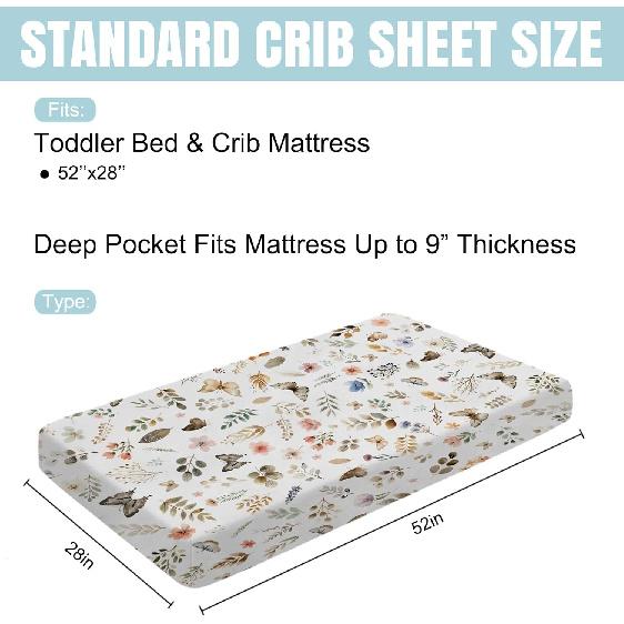 Ретро Бохо Цветочный Листья Бабочки Детская Простыня 52''x28'' Ботанический Сад Весна Эластичный Натяжной Наматрасник для Детской Кроватки для Мальчика Девочки Растения Мягкий