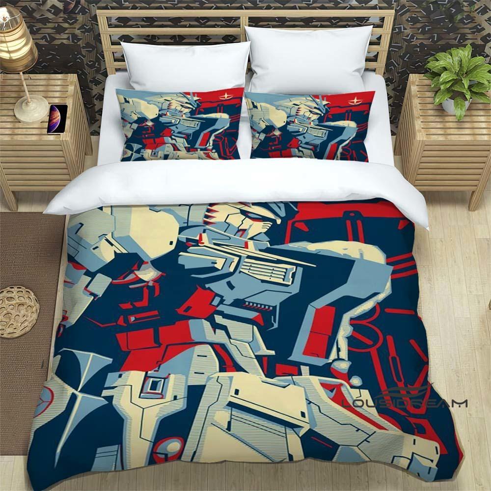 3D Printed Cartoon Gundam 3-Piece Bedding Set: Duvet cover set suitable for adult boys and girls bedroom décor, children's gift,
