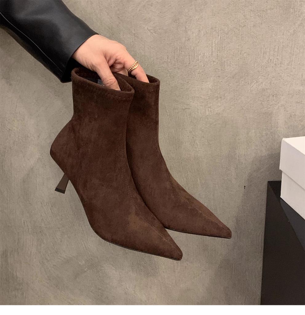 Женские короткие ботильоны на высоком каблуке с острым носом из коричневой замши 2026 года, новые осенне-зимние, французские замшевые ботильоны на щиколотку