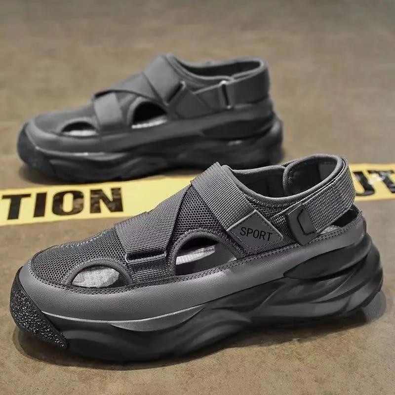 Летние мужские модные спортивные сандалии для улицы с противоскользящими носками и полыми отверстиями, легкая пляжная обувь на толстой подошве