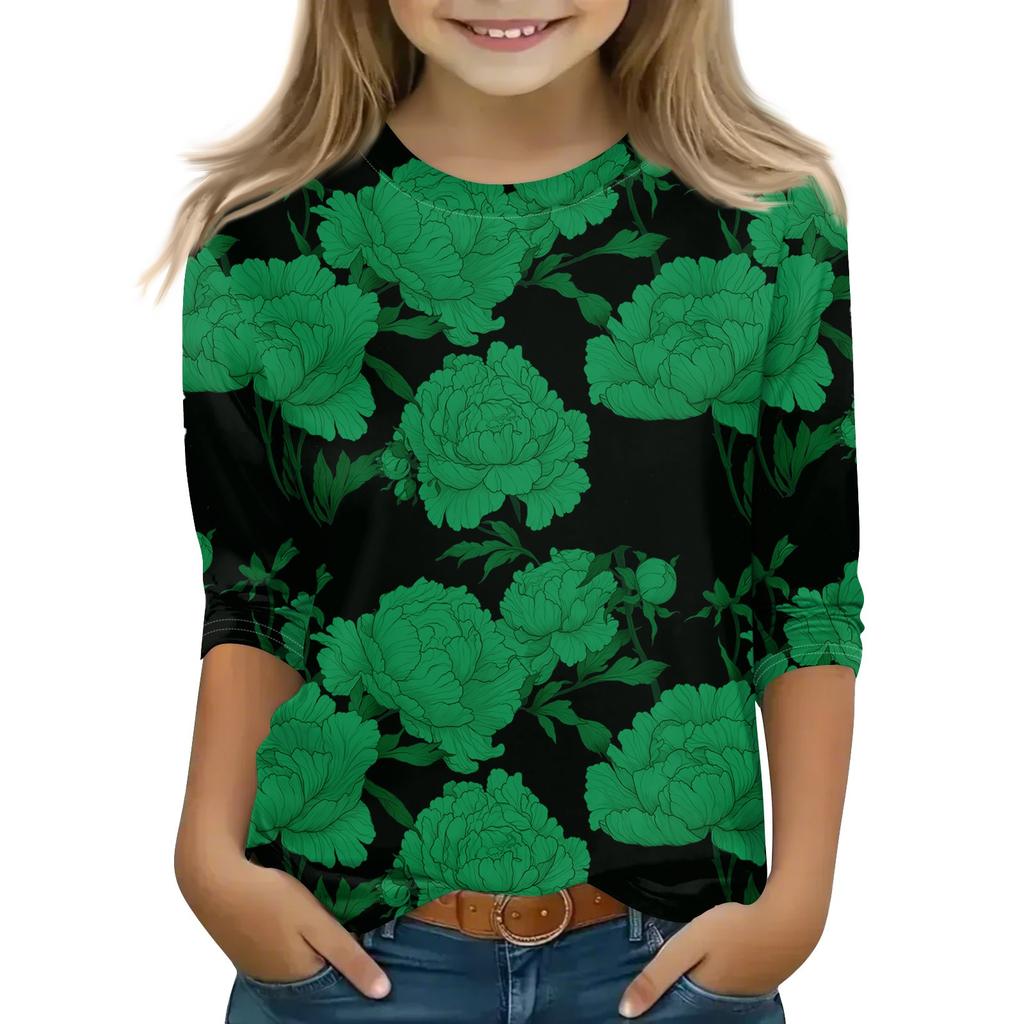 Print Tops For Youth Girls 5-16 Years Round Neck 3/4 Sleeves T-Shirts Trendy Tops Outfit Tees