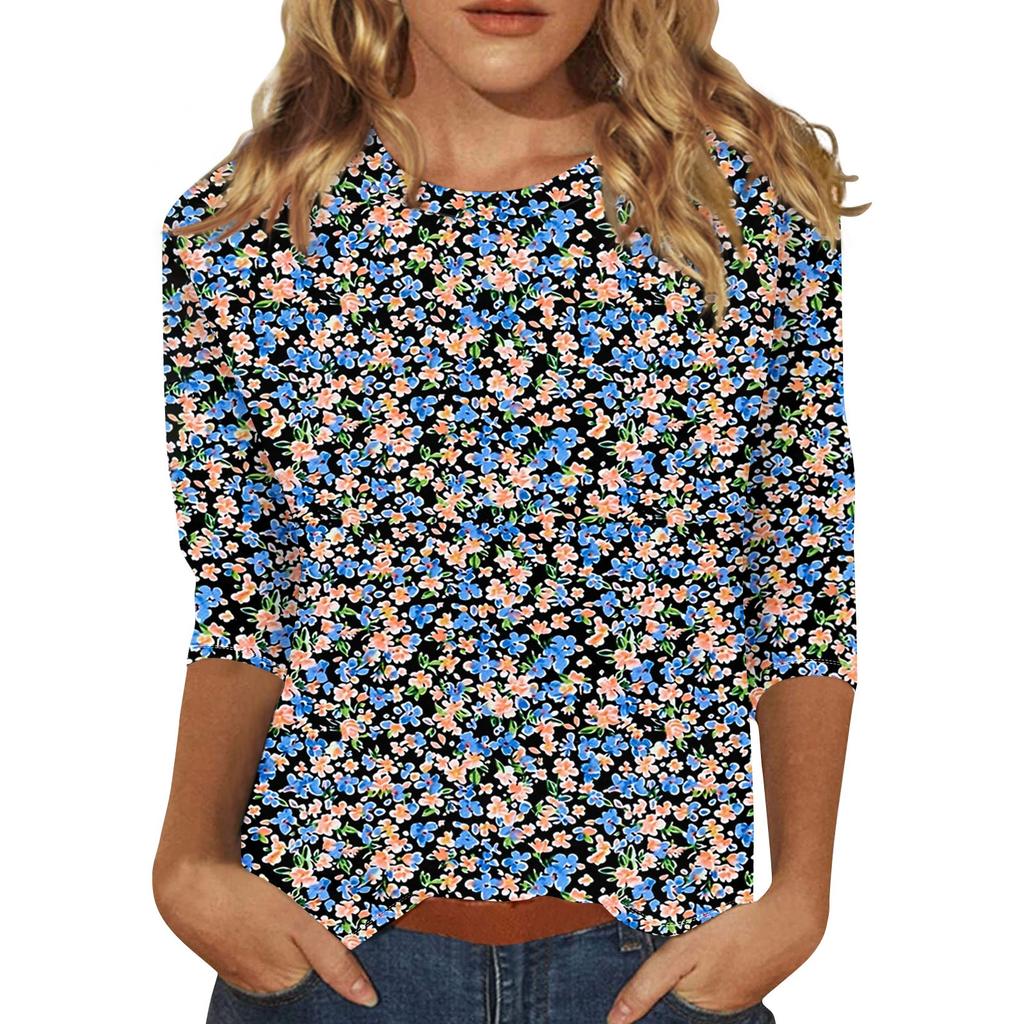 Women's Fashion Casual Three-quarter Sleeve Vintage Floral Print Round Neck Top