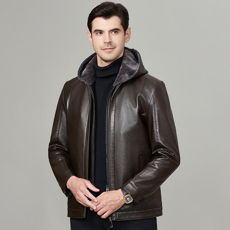 Мужское пальто из натуральной кожи осенне-зимнее с капюшоном, утолщенное бархатное теплое пальто, кожаная куртка для мужчин