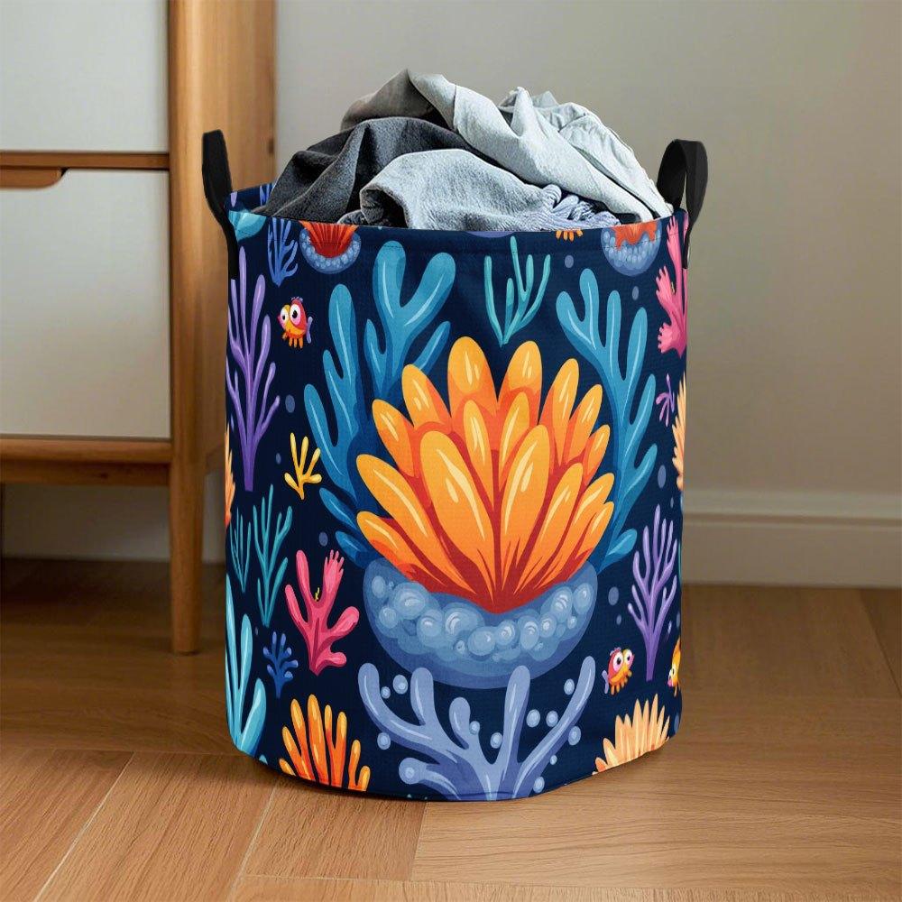 1pc Coral Reef Pattern Laundry Basket | Durable Round Polyester Storage Bin With Handle, Suitable For Bathroom, Kitchen, Laundry Room - Easy-To-Clean