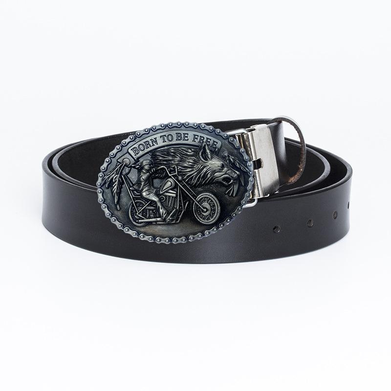 Ремень с пряжкой из сплава Big Wolf Head, двухслойный ремень из коровьей кожи, повседневный ремень из денима с гладкой пряжкой